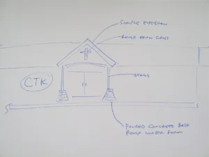 Hand-drawn church entrance sketch with a peaked roof, cross, support beams, and notes for concrete bases.
