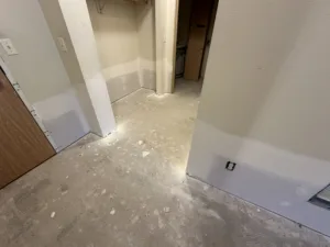 condo unit after water damage and demo drywall underway